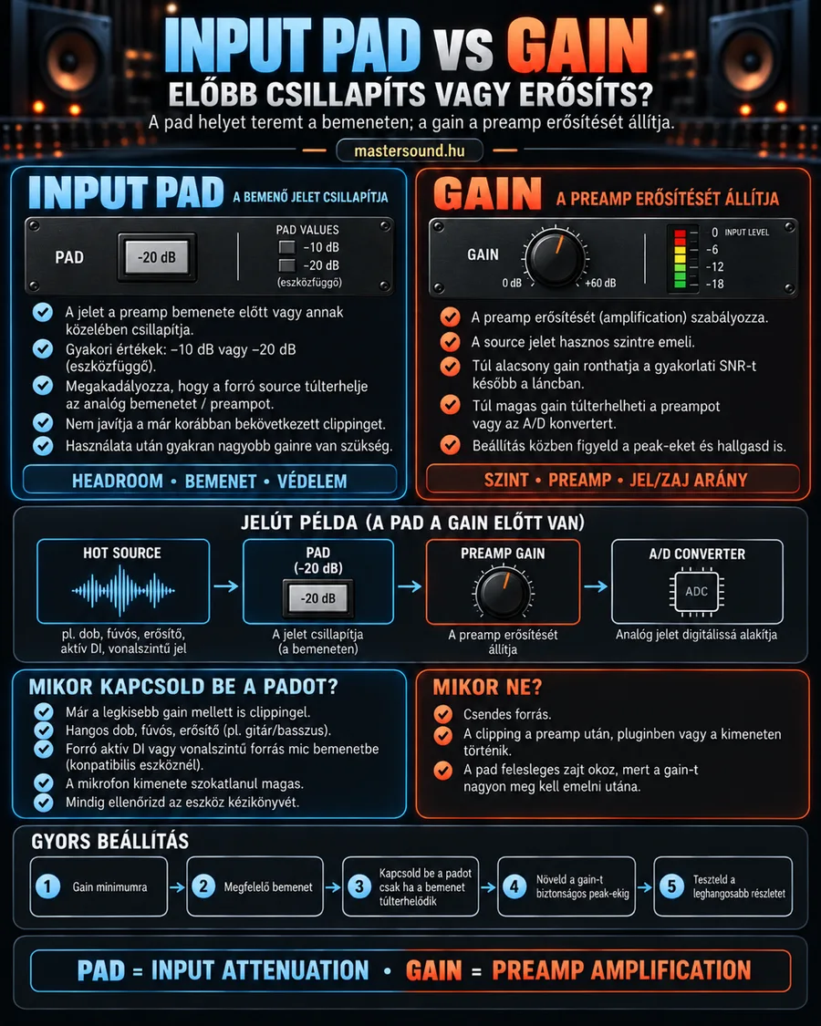 Infografika a bemeneti csillapító és az előerősítő gain gombja közti különbségről: egy −20 dB-es pad kapcsoló és egy 0–60 dB-es gain gomb, a jelút az erős forrástól az átalakítóig, és egy lista arról, mikor kapcsold be a padot és mikor ne.