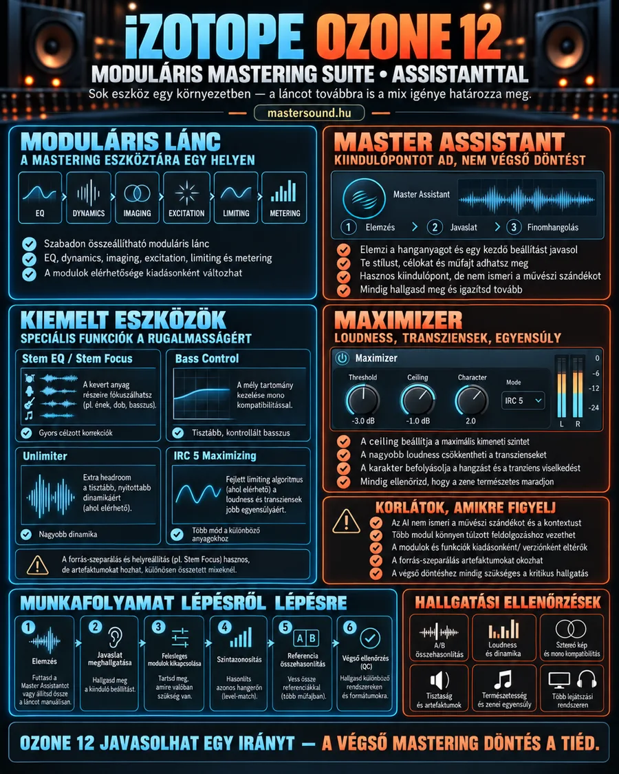 Infografika egy moduláris mastering-programcsomagról: a modulokból összerakható lánc, a gépi segéd három lépése, négy kiemelt eszköz, a hangerő-maximalizáló gombjai, a korlátok, a hatlépéses munkafolyamat és a hallgatási ellenőrzések.