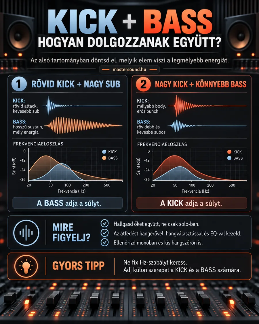 Infografika a lábdob és a basszus együttműködéséről: két felállás hullámformával és frekvenciagörbével, az egyikben a basszus, a másikban a lábdob adja a súlyt, alatta ellenőrző lista és egy gyors tipp.