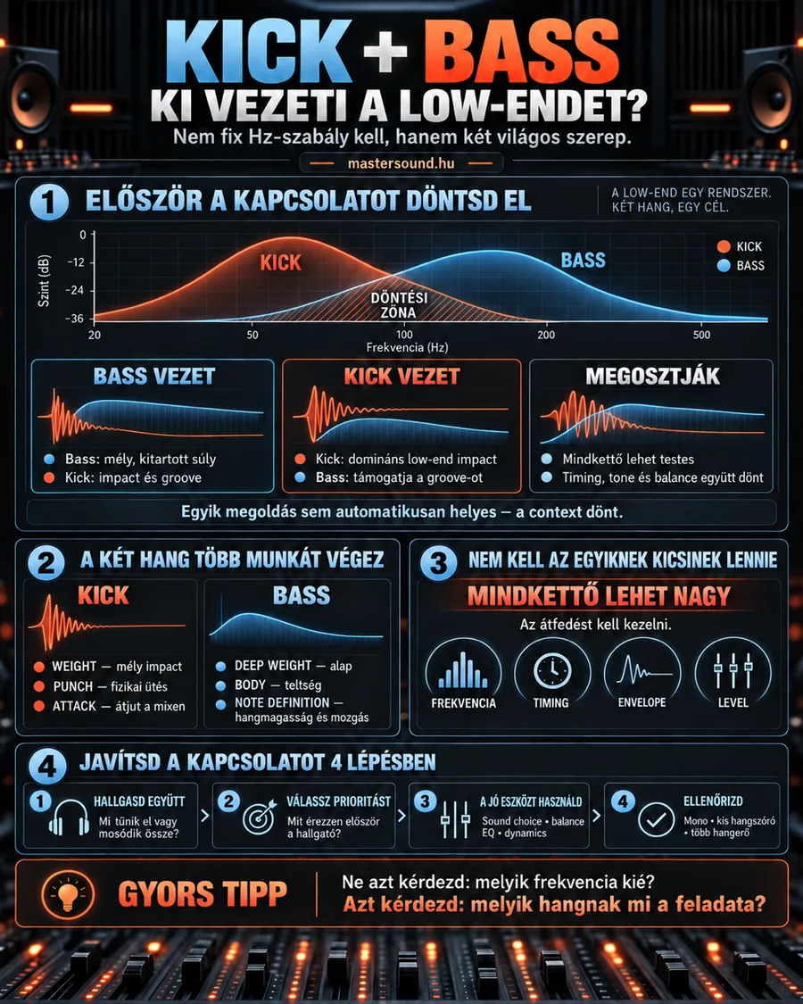 Infografika arról, ki vezesse a mély tartományt: a lábdob és a basszus frekvenciagörbéje döntési zónával, három lehetséges szereposztás, a két hangszer feladatai és négy lépés a kapcsolatuk rendbetételéhez.