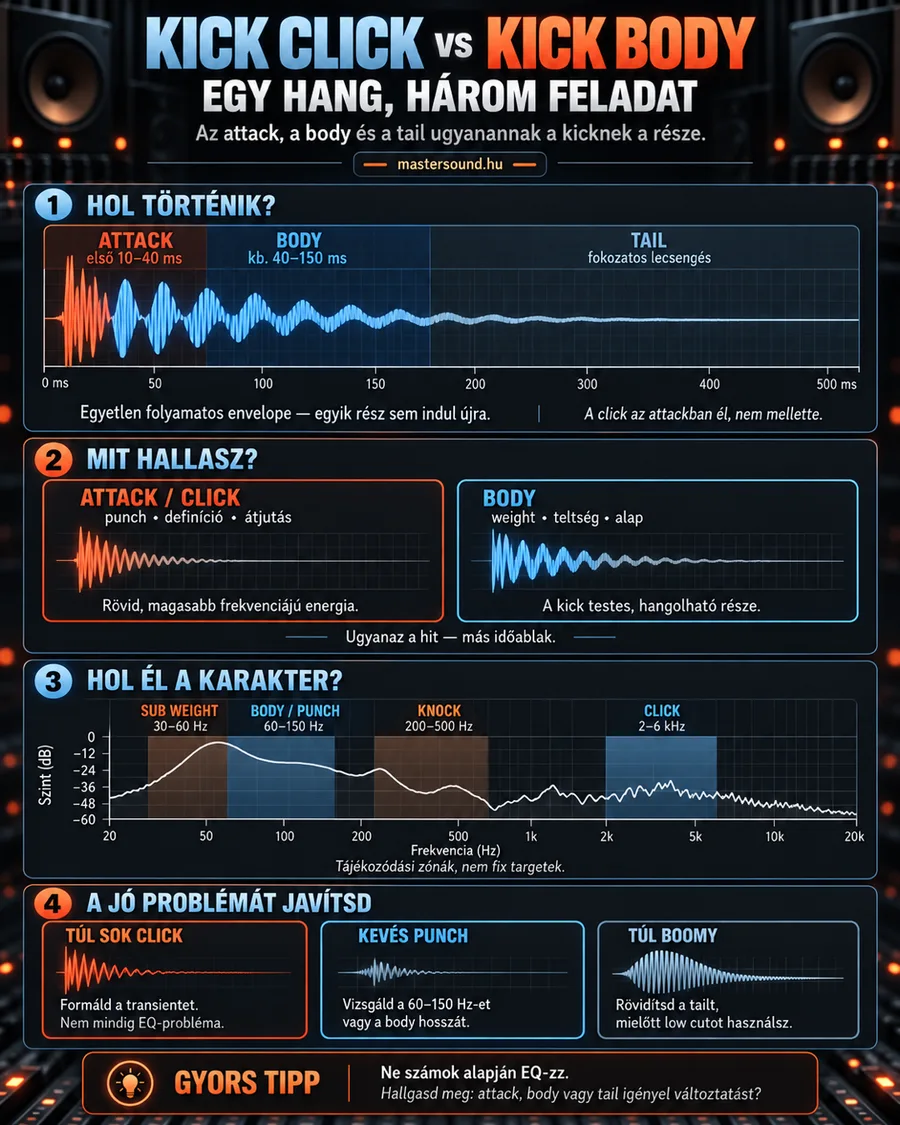 Infografika a lábdob hangjának három részéről: egy hullámforma idővonalon az ütés elejével, testével és lecsengésével, egy frekvenciagörbe négy jelölt zónával, és három gyakori hiba a javításuk irányával.