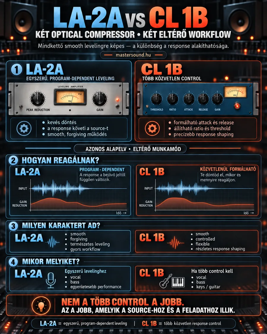 Infografika két optikai kompresszor összevetéséről: egy kétgombos, jelfüggően dolgozó készülék és egy threshold, ratio, attack és release gombbal is állítható társa, a halkítás görbéje mindkettőn, a karakterük és hogy mikor melyiket válaszd.