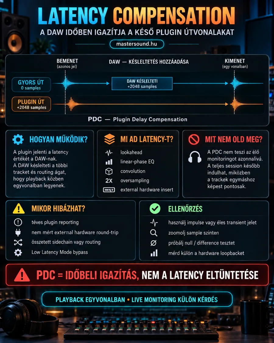 Infografika a plugin delay compensationről: egy gyors és egy 2048 mintát késő pluginos útvonal, amelyeket a DAW a kimeneten egy vonalba igazít, alatta a késést okozó pluginok, a korlátok és az ellenőrzés lépései.