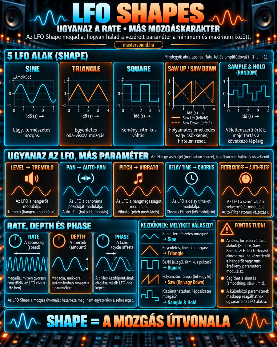 Infografika az LFO öt alapformájáról: szinusz, háromszög, négyszög, fűrészfog és véletlen lépcsős hullám, alatta öt paraméter, amit egy LFO mozgathat, és egy választási segédlet kezdőknek.