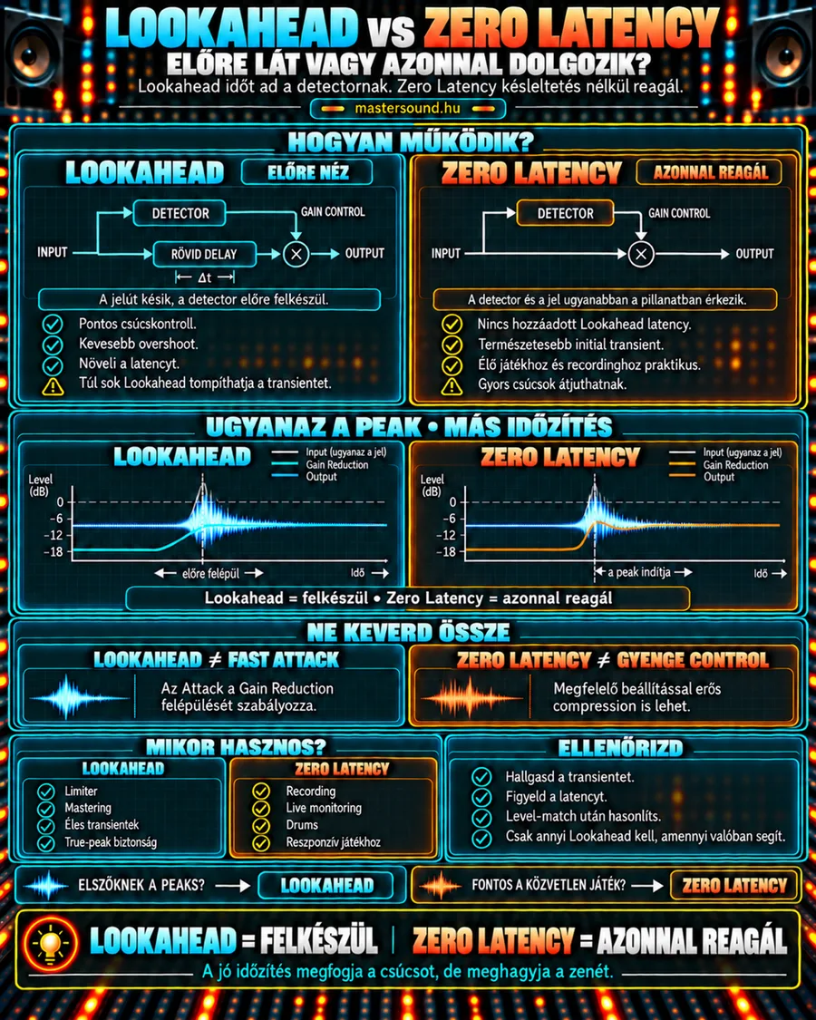 Infografika a lookahead és a zero latency mód különbségéről: két jelút-ábra, az egyiken egy rövid késleltetés a detektor és a halkítás között, alatta ugyanaz a csúcs a két mód időzítésével, és hogy mikor melyik hasznos.