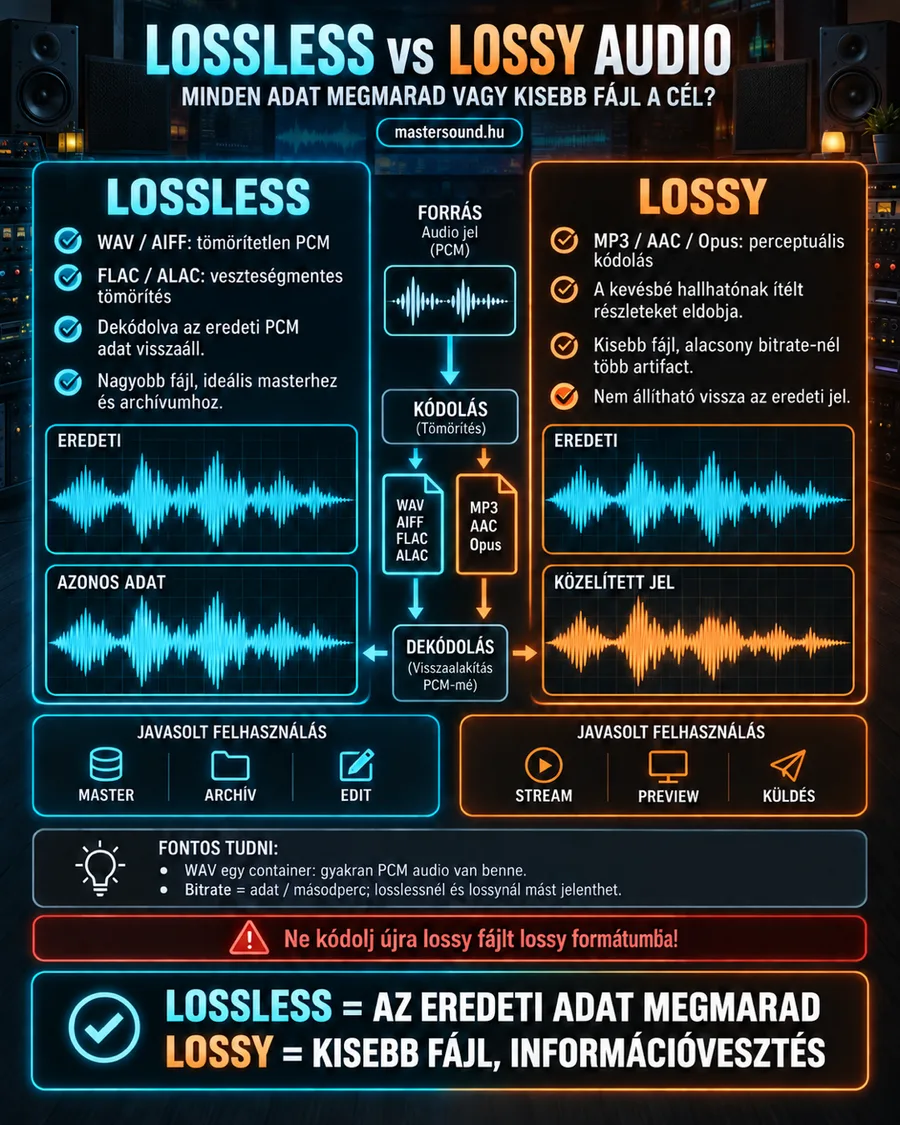 Infografika a veszteségmentes és a veszteséges hangformátumokról: balra a WAV, AIFF, FLAC és ALAC, jobbra az MP3, AAC és Opus, középen a kódolás és a visszaalakítás útja, alul a javasolt felhasználás és egy figyelmeztetés az újrakódolásról.