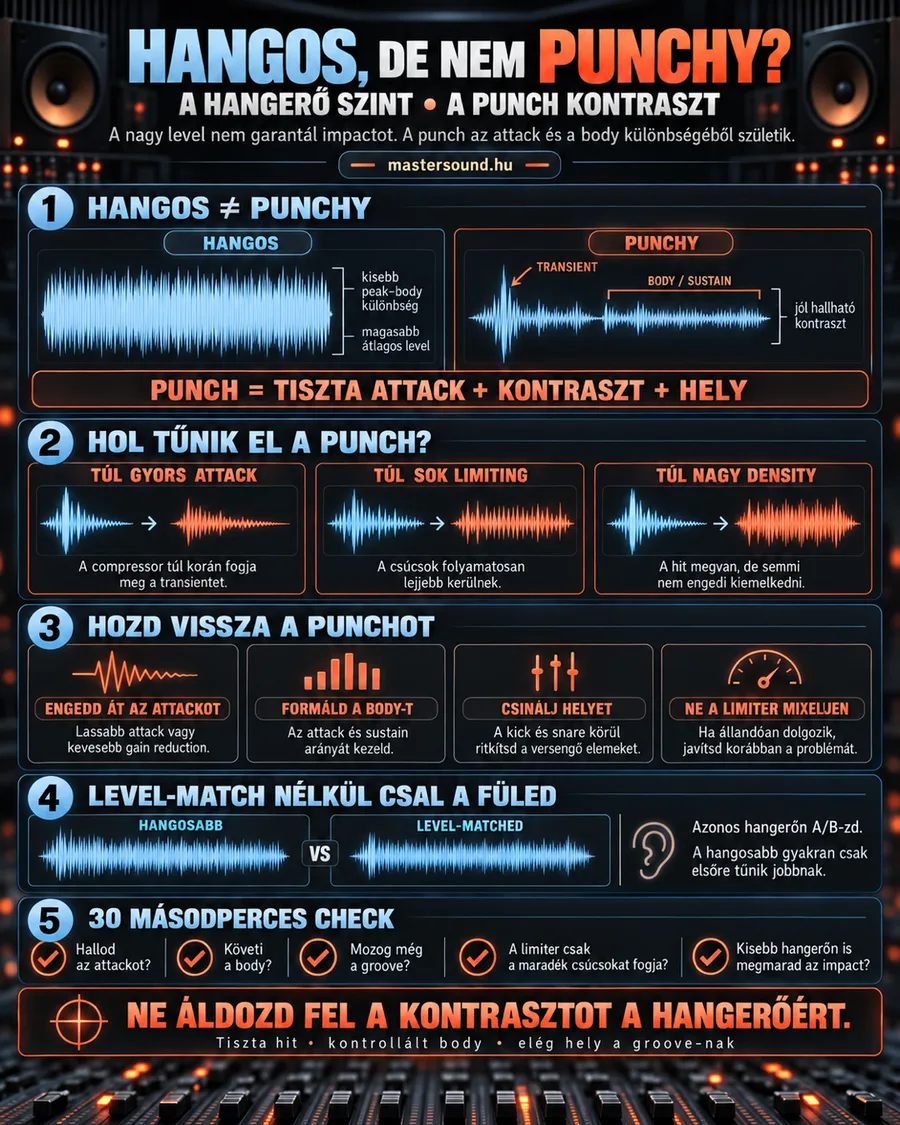 Infografika arról, hogy a hangos mix még nem ütős: egy tömör és egy ütős hullám összevetése, a punch három gyakori gyilkosa, négy mód a visszahozására, a hangerő-illesztés fontossága és egy ötkérdéses gyors ellenőrzés.