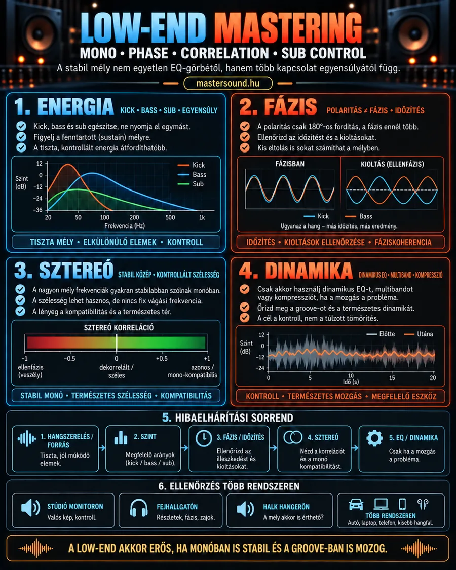 Infografika a mélytartomány masteringjéről négy panelen: a kick, a bass és a sub egyensúlya, a fázis és a kioltás, a sztereó korreláció mérője, a dinamikai eszközök, alatta egy ötlépéses hibakeresési sorrend és az ellenőrzés különböző hangrendszereken.