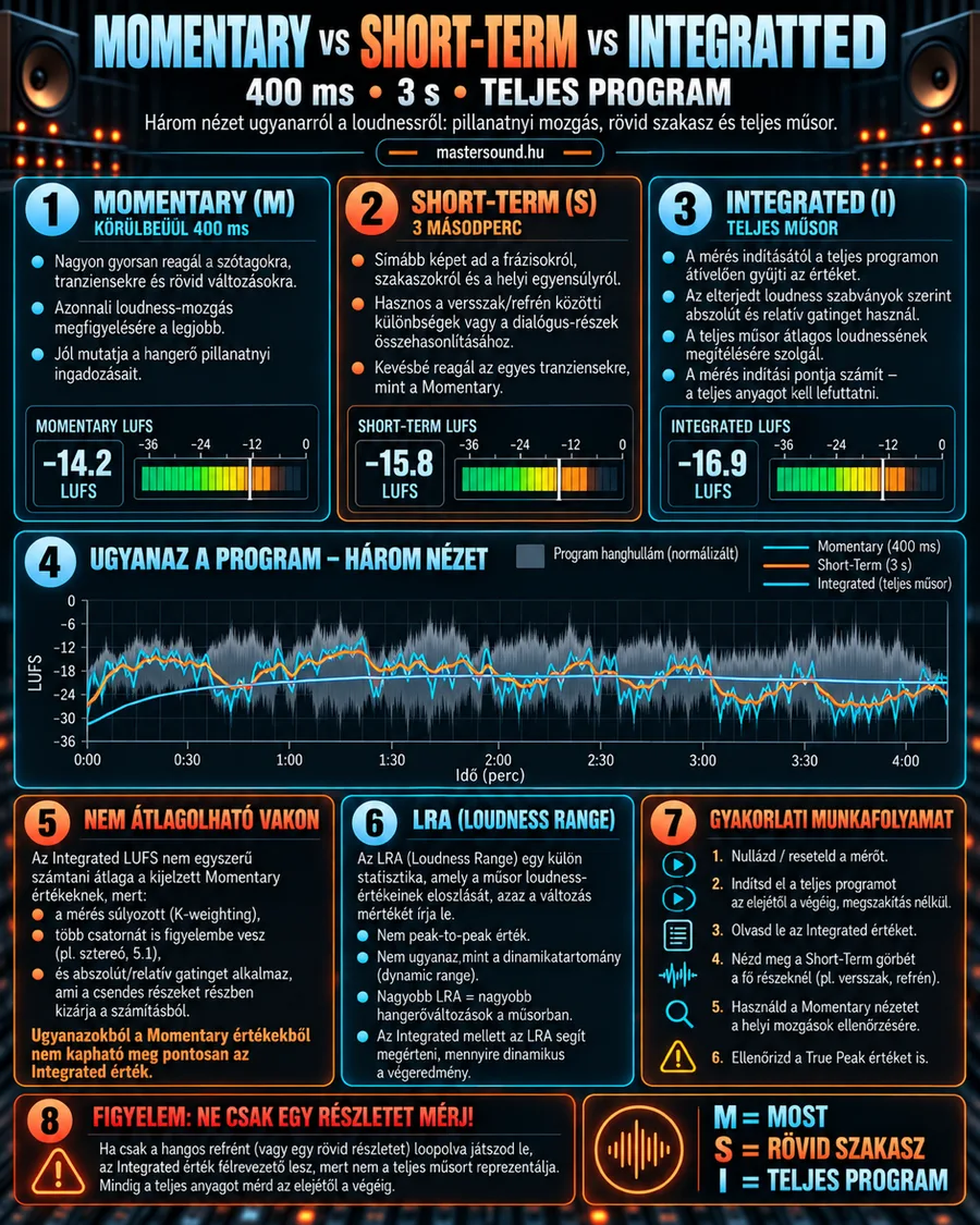 Infografika a LUFS-mérő három nézetéről: a 400 ms-os momentary, a 3 másodperces short-term és a teljes műsorra mért integrated érték, egy dal hangosság-görbéi időben, az LRA magyarázata és egy hatlépéses mérési sorrend.