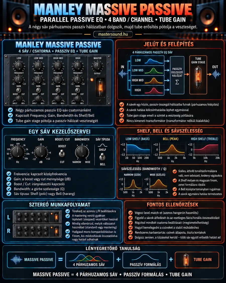 Infografika egy négysávos, párhuzamos passzív csöves EQ-ról: az előlap négy sávval és egy kimeneti szekcióval, a jelút közös összegző hálózattal és csöves erősítővel, a polc, a harang és a sávszélesség görbéi, a sztereó munkafolyamat és egy ellenőrző lista.