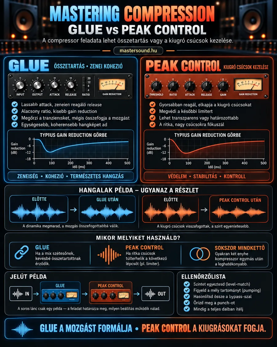Infografika a master kompresszor két feladatáról: bal oldalt a mixet összefogó glue beállítás, jobb oldalt a kiugró csúcsokat megfogó peak control, alatta hullámformák előtte és utána, egy soros jelút és egy ellenőrzőlista.