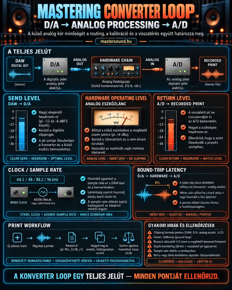 Infografika a mastering converter loopról: felül a teljes út a DAW kimenetétől a D/A átalakítón, a hardverláncon és az A/D átalakítón át a rögzített printig, alatta a küldési, üzemi és visszatérő szint, az órajel, a késés, a print munkafolyamat és a gyakori hibák.