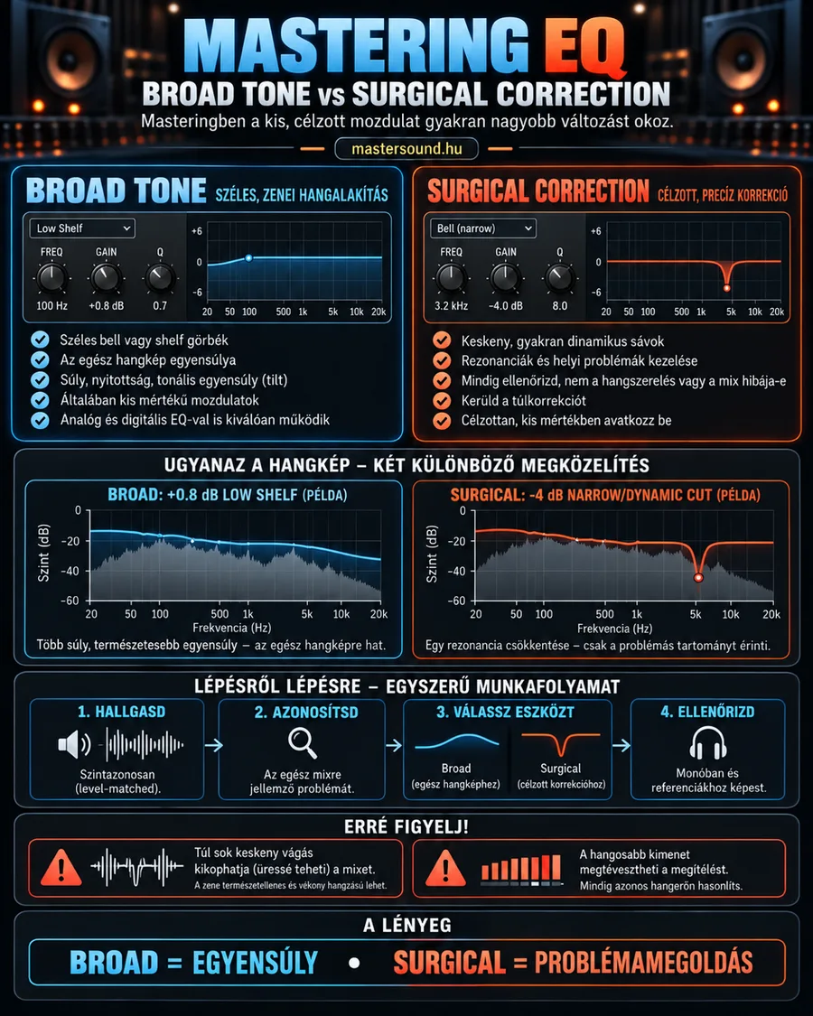 Infografika a mastering EQ két használati módjáról: bal oldalt egy széles low shelf kis kiemeléssel, jobb oldalt egy keskeny vágás egy zavaró rezonanciára, alatta a négylépéses munkafolyamat és két figyelmeztetés.