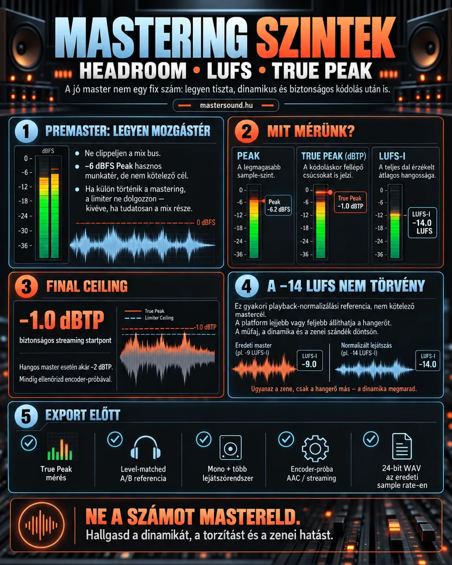 Infografika a mastering szintjeiről: a premaster tartaléka, a peak, a true peak és az integrált LUFS mérése, a −1 dBTP-s végső plafon, a −14 LUFS mint lejátszási referencia, és öt ellenőrzés export előtt.