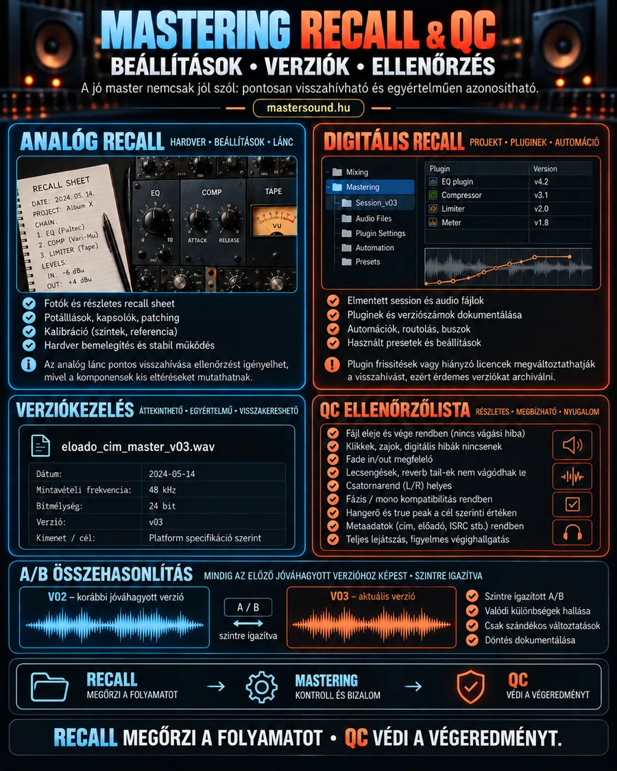 Infografika a mastering recallról és minőségellenőrzésről: bal fent egy kézzel írt beállítási jegyzetlap analóg eszközök előtt, jobb fent a projekt mappái és a pluginverziók, alatta a fájlelnevezés, a QC ellenőrzőlista és két verzió szintre igazított összevetése.