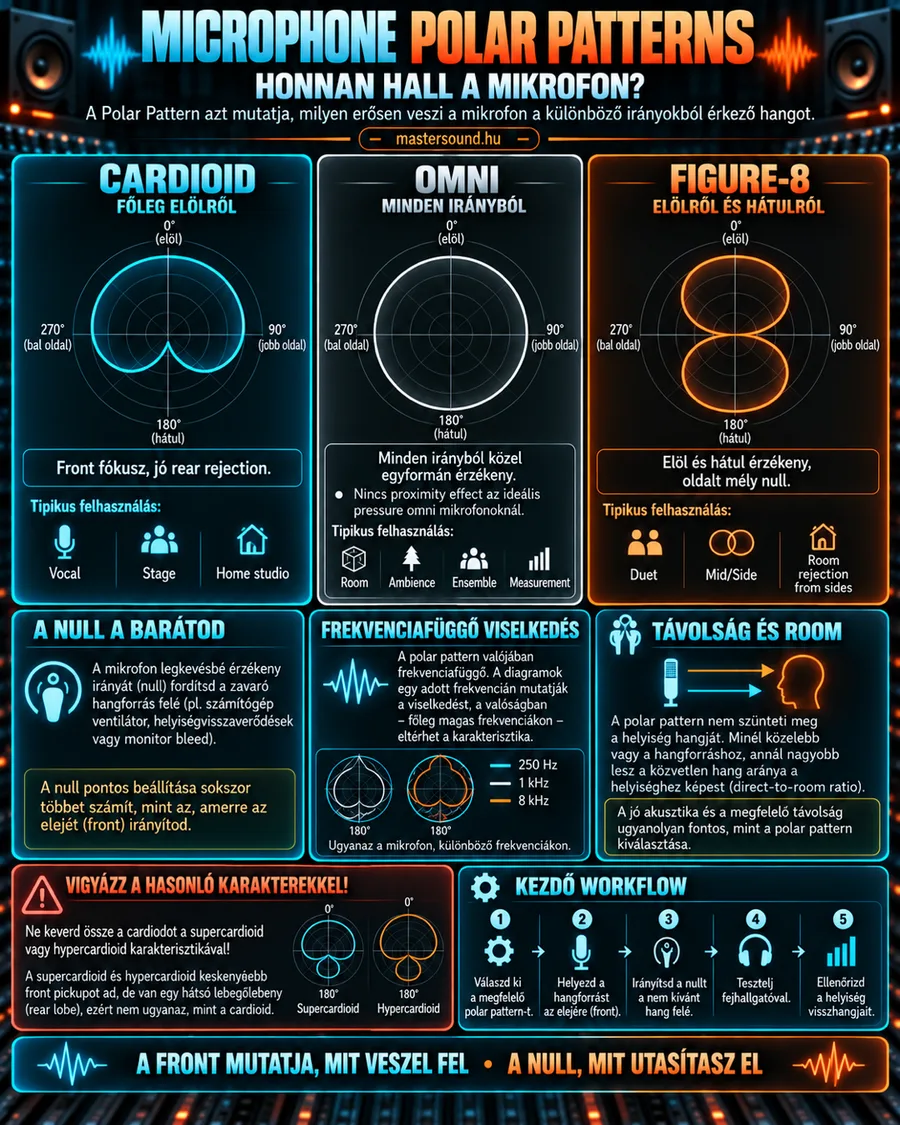 Infografika a mikrofonok iránykarakterisztikájáról: a vese, a gömb és a nyolcas karakterisztika körös diagramja tipikus felhasználással, alatta a kioltási pont, a frekvenciafüggés, a távolság szerepe és egy ötlépéses kezdő munkamenet.