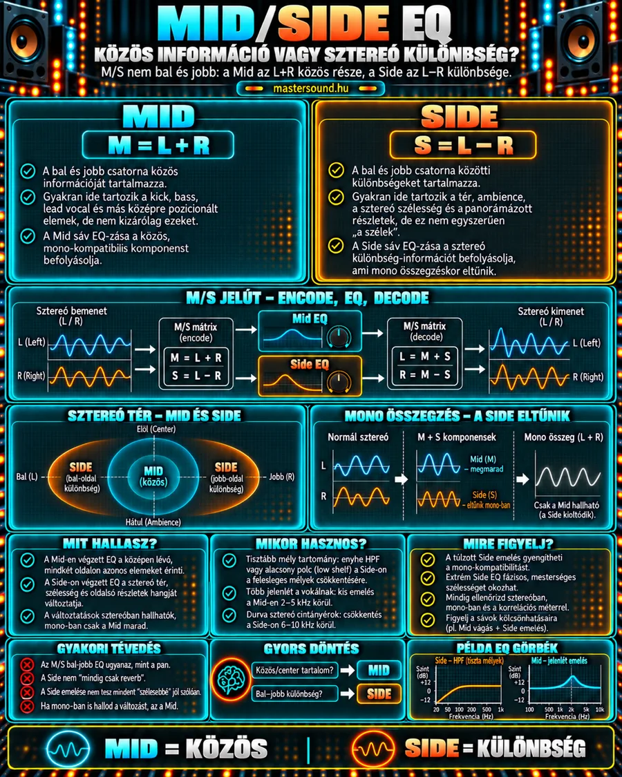 Infografika a mid/side EQ-ról: a sztereó jel közös (mid) és különbség (side) részre bontása, a kódolás, EQ és visszaalakítás jelútja, a mono összegzés, és két példa EQ-görbe.