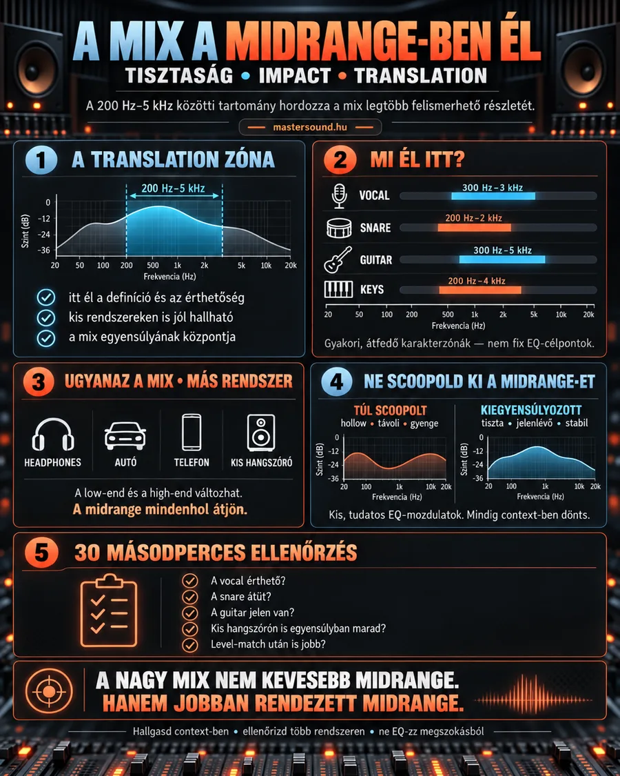 Infografika a középtartományról: kiemelt 200 Hz és 5 kHz közötti zóna, az ének, a pergő, a gitár és a billentyűk jellemző tartománya, négy lejátszó eszköz, egy kivájt és egy kiegyensúlyozott EQ-görbe, végül egy ötpontos gyors ellenőrzőlista.