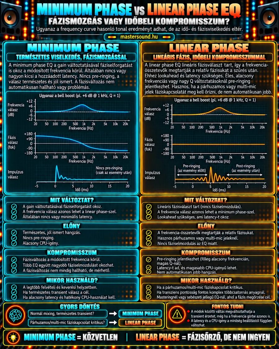 Infografika a minimum phase és a linear phase EQ összevetéséről: ugyanaz a 1 kHz-es emelés mindkét módban, alatta a fázismenet és az impulzusválasz, előnyökkel, kompromisszumokkal és egy gyors döntési segéddel.