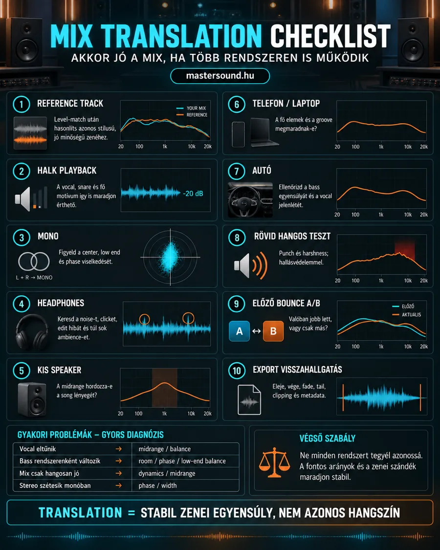 Tízpontos ellenőrzőlista-infografika arról, hogyan próbáld ki a mixet referenciadallal, halkan, monóban, fejhallgatón, kis hangszórón, telefonon, autóban, rövid hangos teszttel, az előző változattal és a kész fájl visszahallgatásával.