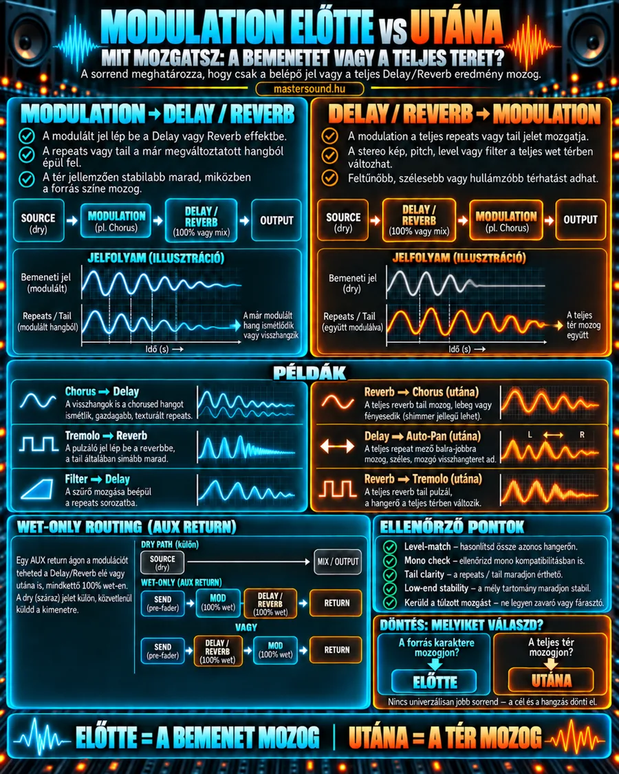 Infografika a modulációs effekt helyéről a láncban: ha a delay vagy a zengető előtt áll, csak a belépő hang mozog, ha utána, a teljes visszhang- és zengéstér együtt mozog. Példák, segédcsatornás bekötés és ellenőrző pontok.