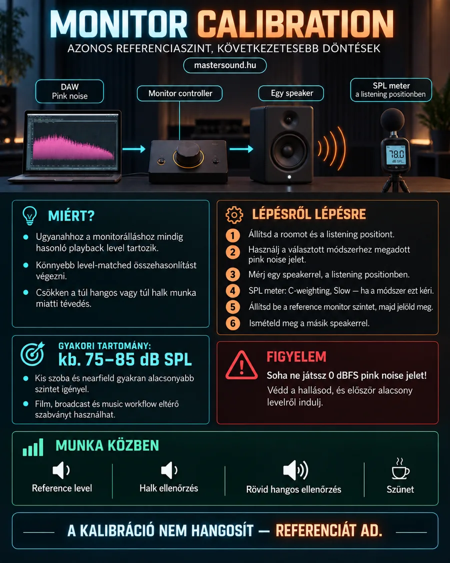 Infografika a hangfalszint kalibrálásáról: a laptop rózsaszín zajt küld a hangfal-vezérlőn át egy hangfalba, a hallgatási pozícióban egy hangnyomásmérő mér. Alatta a lépések, a gyakori 75–85 dB SPL tartomány és egy figyelmeztetés a hallás védelmére.