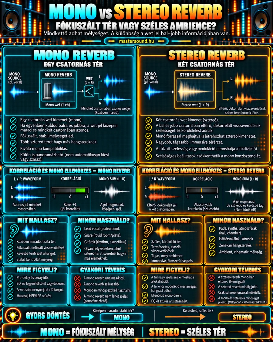 Infografika a mono és a stereo reverb különbségéről: balra egy csatornás, középen maradó zengés, jobbra két eltérő oldalú, széles zengés. Alatta a korrelációmérő és a monóba összegzés viselkedése, valamint hogy mikor melyiket használd.