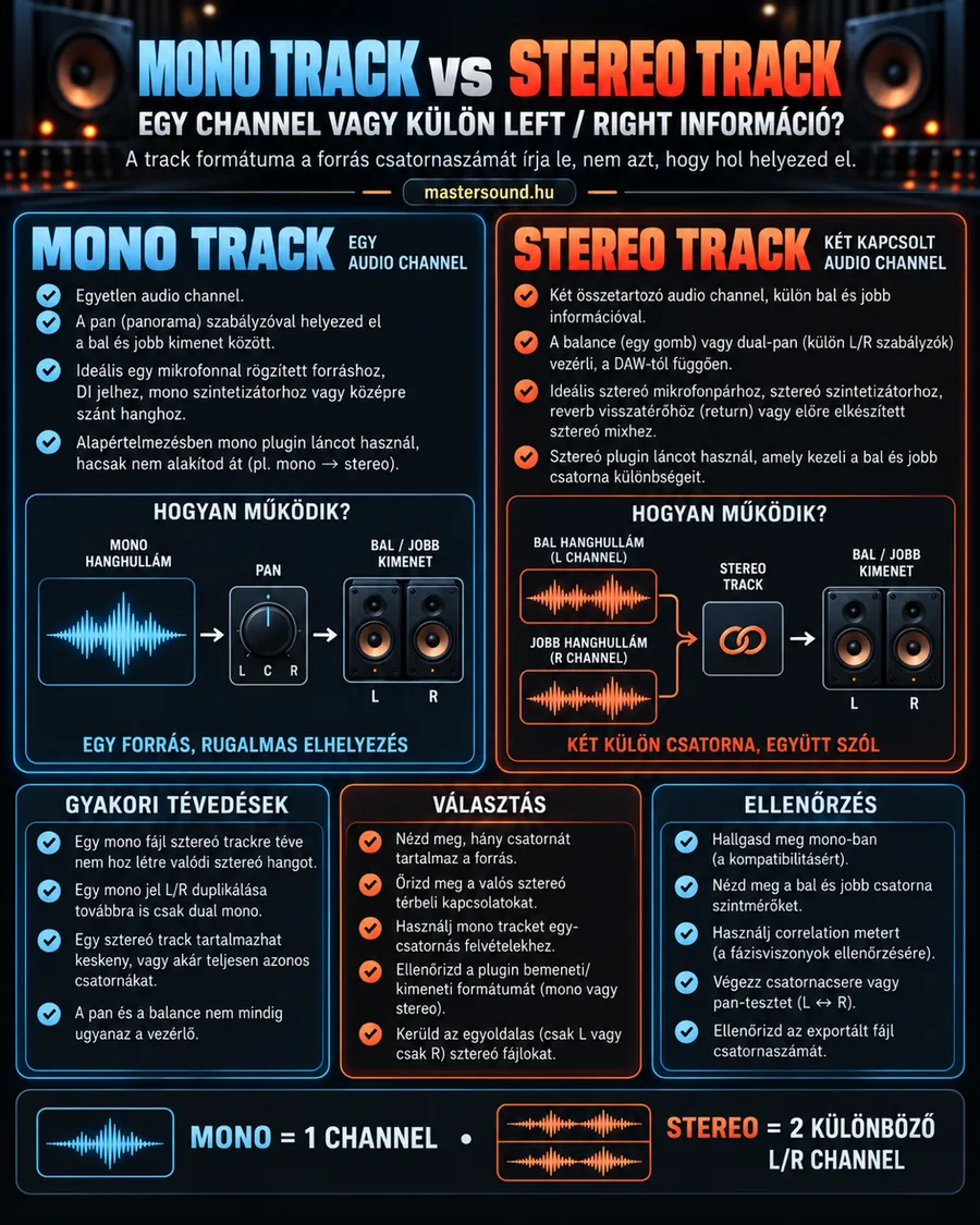 Infografika a mono és a stereo track különbségéről: bal oldalon egy hanghullám a pan gombon át két hangfalra jut, jobb oldalon két külön bal és jobb hullám egy összekapcsolt sávban szól, alul gyakori tévedések, választási és ellenőrzési tippek.