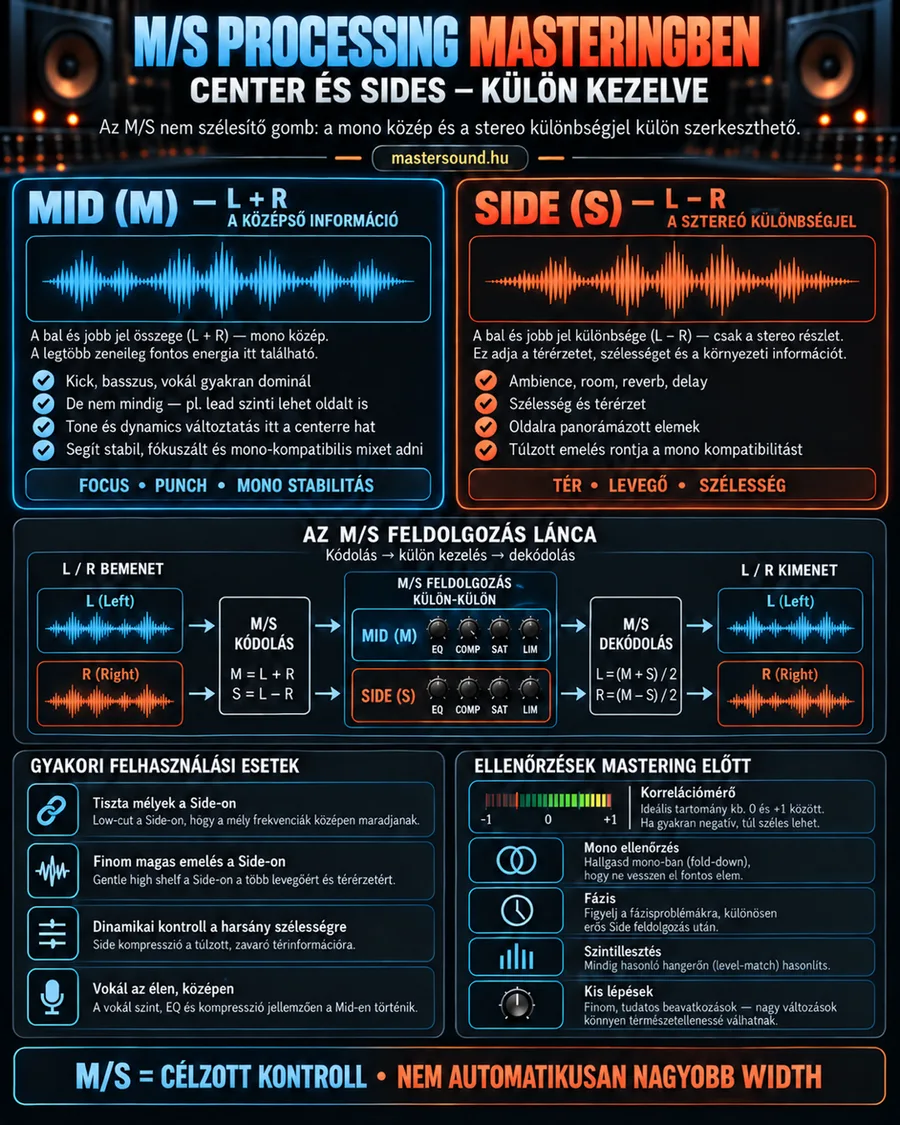 Infografika az M/S feldolgozásról masteringben: felül a mid (L+R) és a side (L−R) jel, középen a kódolás, a külön kezelés és a dekódolás lánca, alul a tipikus felhasználások és az ellenőrzések.
