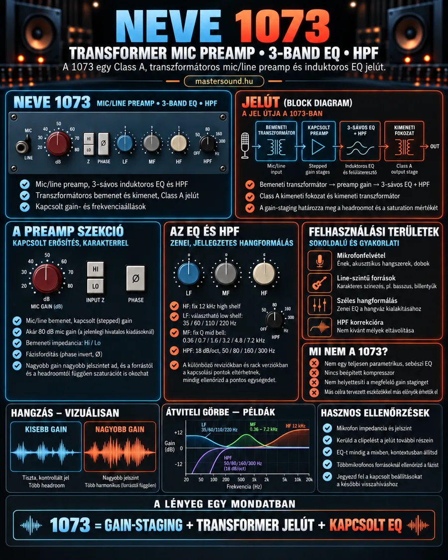 Infografika egy klasszikus transzformátoros mikrofon-előerősítőről: az előlap kapcsolt gain-gombbal, háromsávos EQ-val és felüláteresztő szűrővel, a jelút tömbvázlata, a szűrők átviteli görbéi és egy kisebb és nagyobb gainnel felvett hullámforma összevetése.