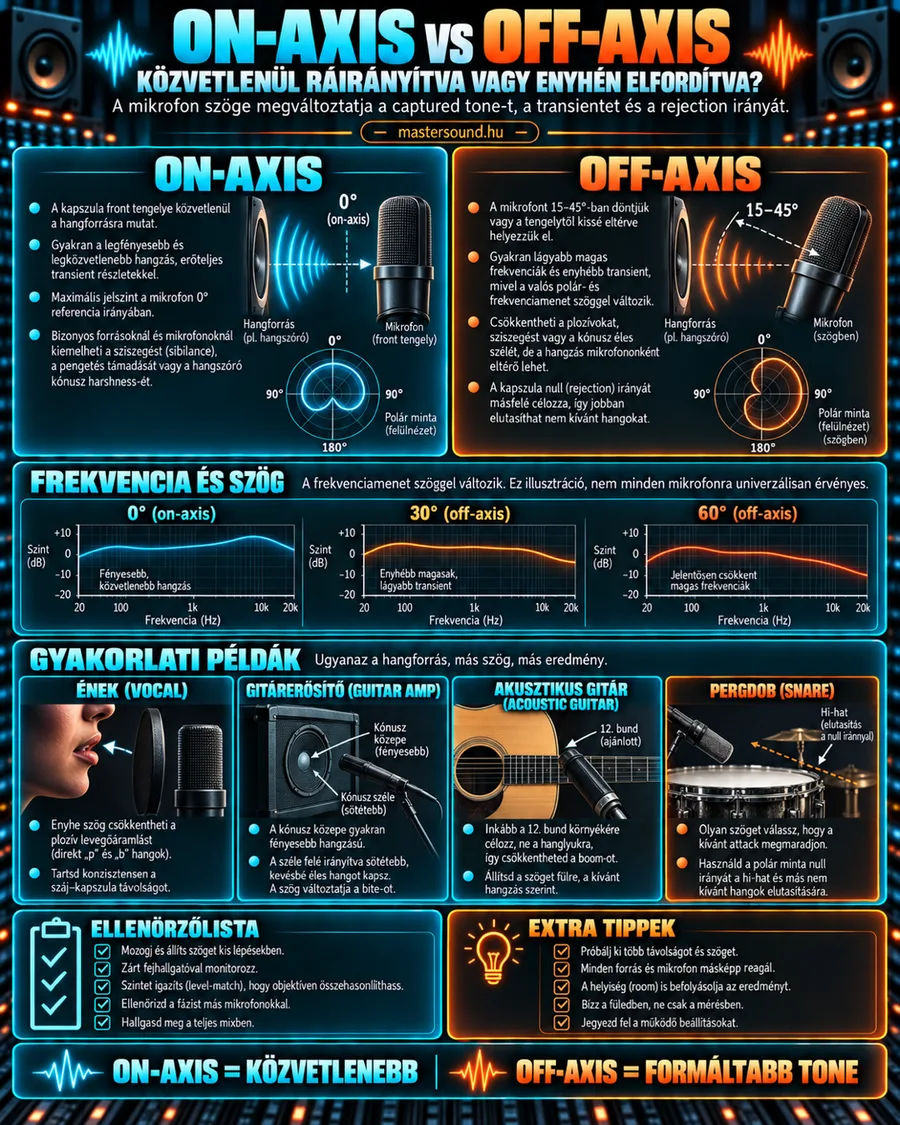 Infografika a mikrofon szögéről: balra a hangforrásra egyenesen néző, jobbra 15–45 fokkal elfordított mikrofon. Alattuk három frekvenciamenet-vázlat 0, 30 és 60 fokra, majd négy példa énekre, gitárerősítőre, akusztikus gitárra és pergődobra.