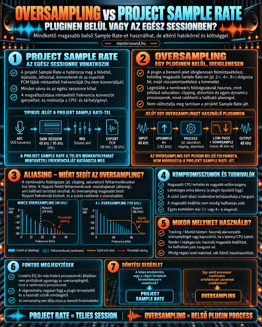 Infografika a túlmintavételezés és a projekt mintavételi frekvenciájának különbségéről: két jelút, két spektrum az átlapolódásról, a kompromisszumok és egy döntési segédlet.
