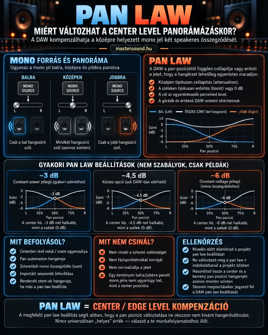 Infografika a pan law-ról: egy mono hangforrás balra, középre és jobbra panolva, egy grafikon a két csatorna szintjéről a pan állása szerint, és három példa a −3, −4,5 és −6 dB-es beállításra.