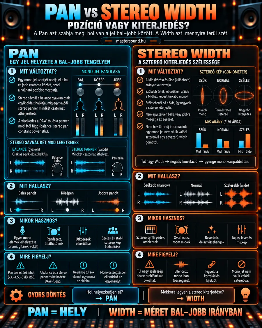 Kétoldalas infografika: balra a pan, ami egy mono jelet bal, közép és jobb között mozgat, jobbra a stereo width, ami goniométer-ábrákon és Mid/Side oszlopokon mutatja a szűk, normál és széles hangképet.