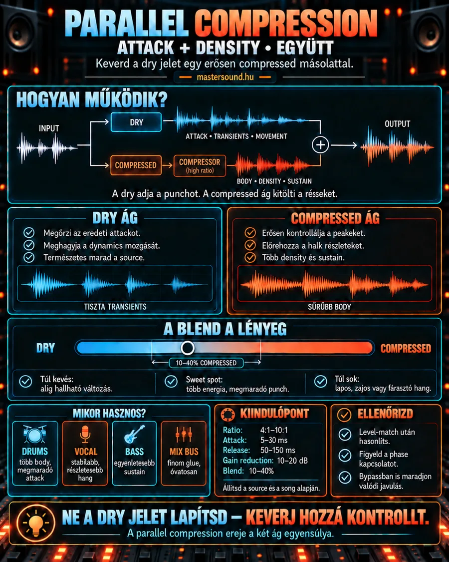 Infografika a párhuzamos kompresszióról: a bemenő jel egy érintetlen és egy erősen kompresszált ágra válik, majd újra összeadódik, alatta a két ág hangja, a keverési arány csúszkája, kiinduló értékek és ellenőrzőlista.