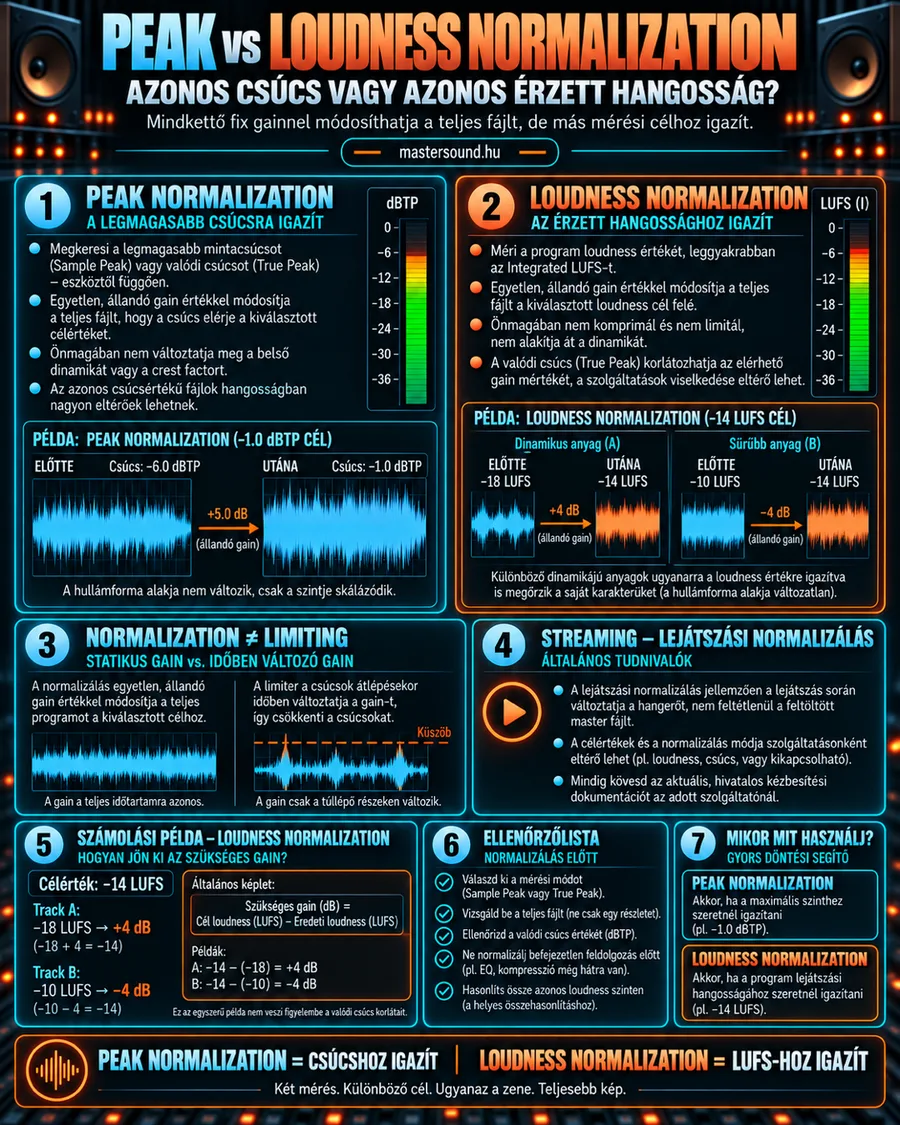 Infografika a csúcsra és a hangosságra normalizálás különbségéről: előtte-utána hullámformák, két eltérő sűrűségű dal −14 LUFS-re igazítva, a normalizálás és a limitálás összevetése, számolási példa és egy rövid ellenőrzőlista.