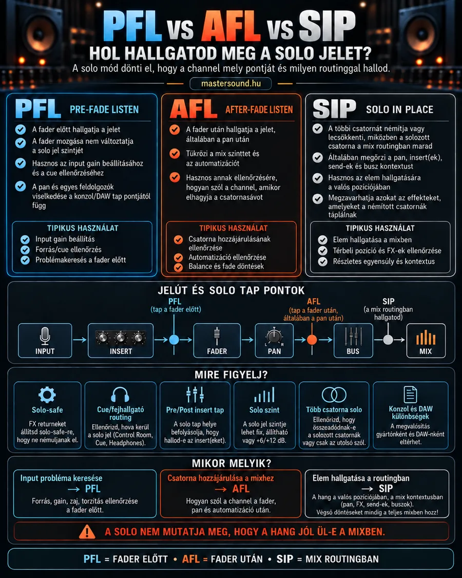 Infografika a háromféle szólómódról: a PFL a fader előtt, az AFL a fader és a panoráma után, a SIP a teljes keverés útvonalában hallgat bele, alatta a csatorna jelútja a leágazási pontokkal és a tipikus használat.
