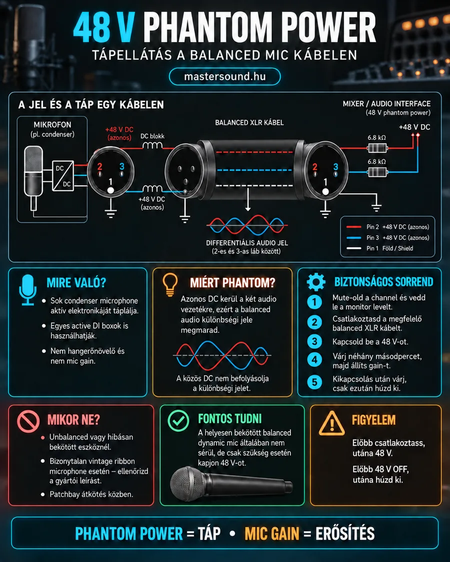 Infografika a 48 V-os phantom powerről: a mikrofon, az XLR-kábel és a hangkártya bekötése, a biztonságos be- és kikapcsolás öt lépése, és hogy mikor ne kapcsold be.