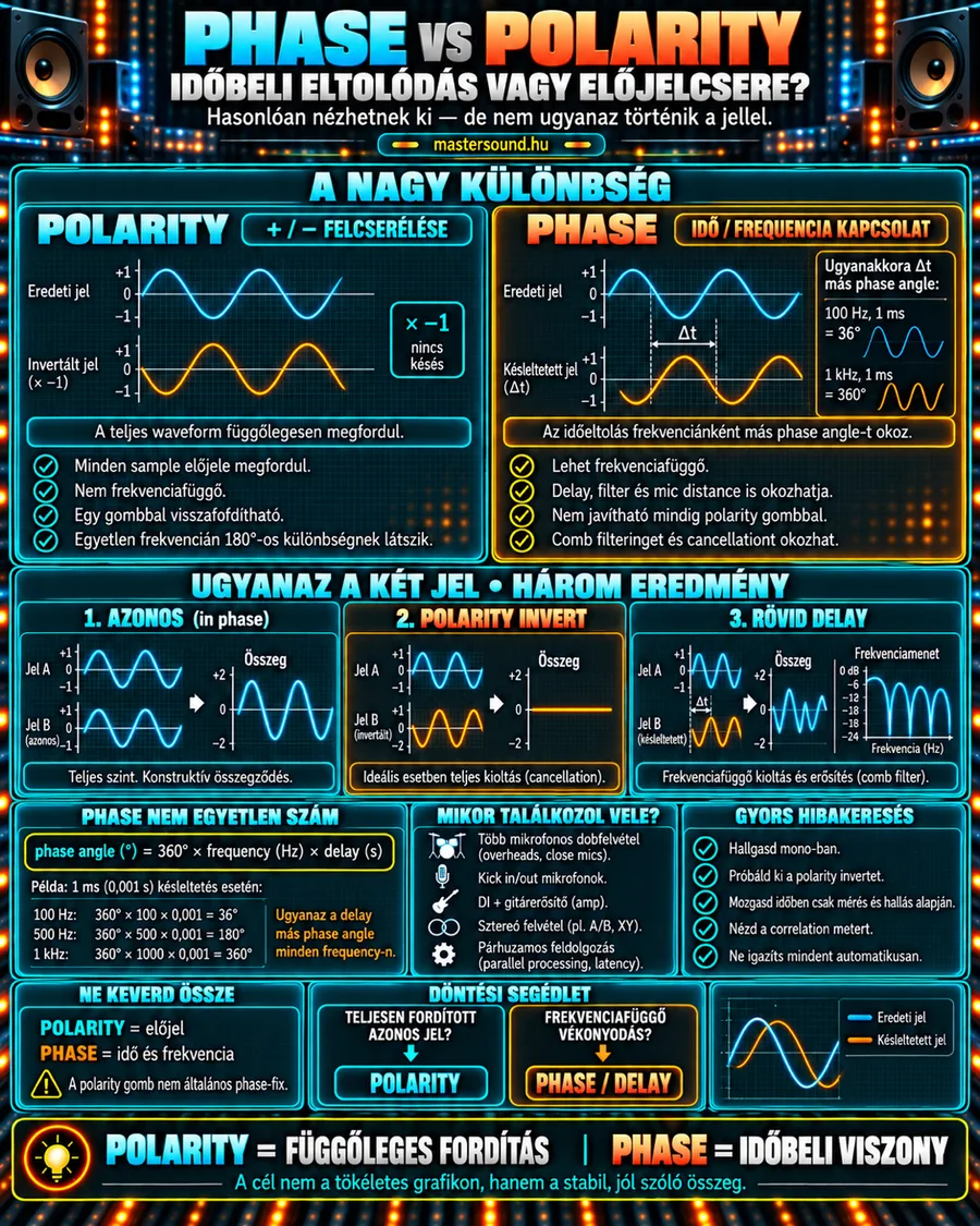 Infografika a polaritás és a fázis különbségéről: felül egy fejjel lefelé fordított és egy időben elcsúszott szinuszhullám, alatta három összegzési eset, a fázisszög képlete és egy gyors hibakeresési lista.