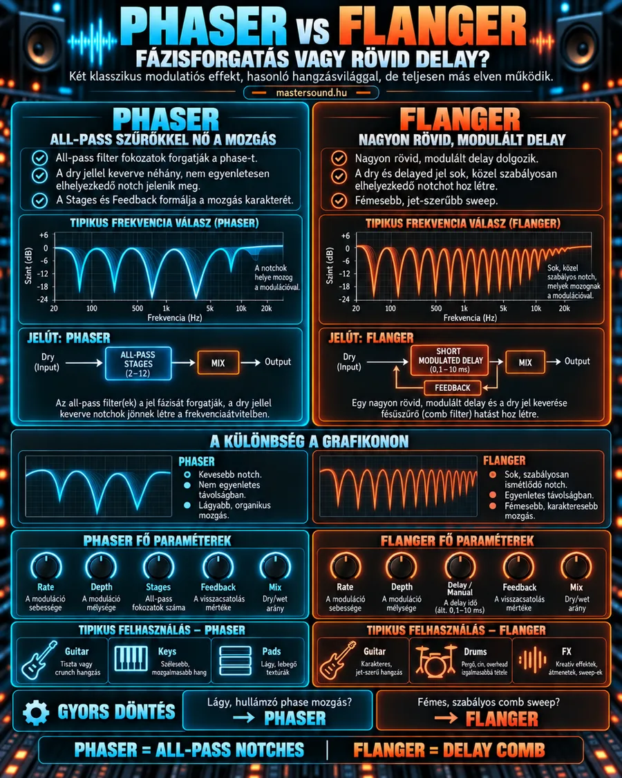 Infografika a phaser és a flanger összevetéséről: két frekvenciagörbe, balra néhány széles, szabálytalan bevágással, jobbra sok sűrű bevágással, alattuk a két effekt jelútja, gombjai és tipikus hangszerei.