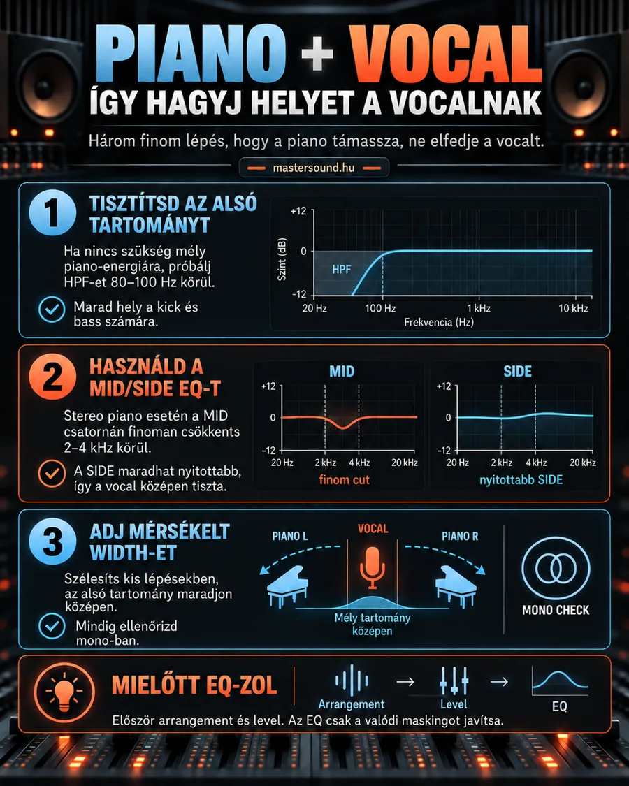 Infografika három lépésről, amitől a zongora támasztja az éneket: mélyvágás 80–100 Hz körül, közép/oldal EQ finom középső vágással, mérsékelt szélesítés monó-ellenőrzéssel, alul a sorrend: hangszerelés, hangerő, EQ.