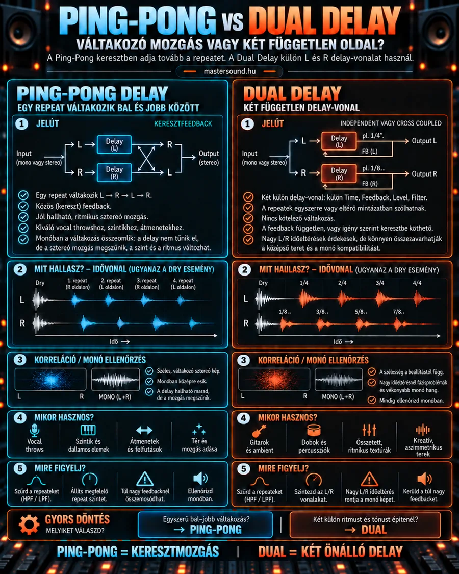 Kétoldalas infografika a sztereó delayekről. Balra a ping-pong, ahol a keresztbe kötött visszacsatolás miatt az ismétlések felváltva szólnak a két oldalon. Jobbra a dual delay két független vonala saját idővel, alatta idővonal és monó-ellenőrzés.