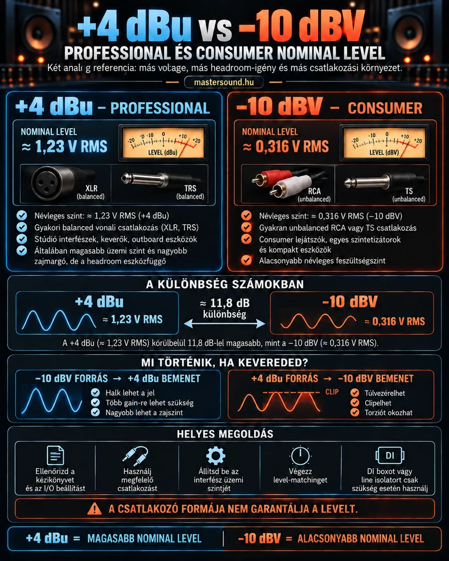 Infografika a két névleges vonalszintről: bal oldalon a stúdiós +4 dBu XLR- és TRS-csatlakozóval, jobb oldalon a hifis −10 dBV RCA- és TS-csatlakozóval, alatta a kb. 11,8 dB különbség és az összekeverés következményei.