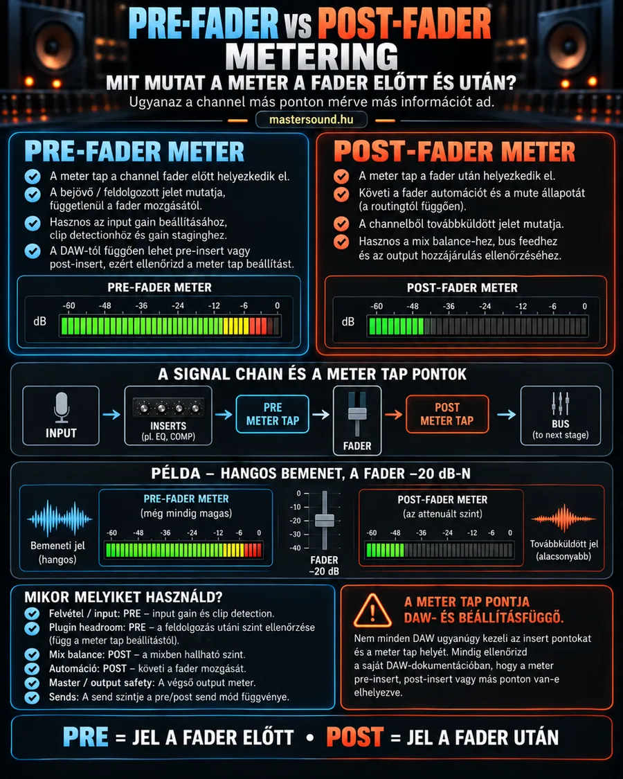 Infografika a fader előtti és utáni szintmérésről. Felül a két mérő magyarázata, középen a jellánc a két mérési ponttal, alatta egy példa hangos bemenettel és −20 dB-re húzott faderrel, legalul a használati tanácsok.