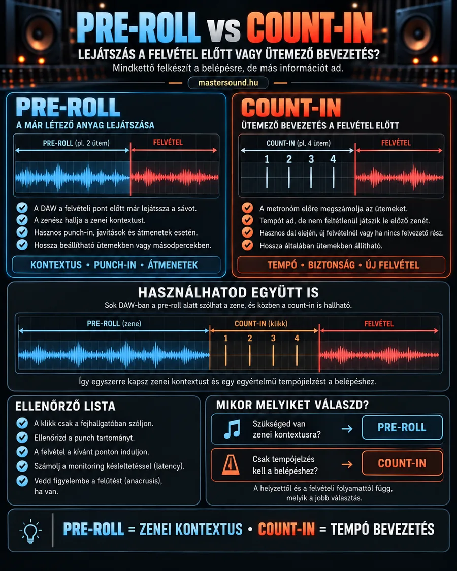 Infografika a pre-roll és a count-in különbségéről: bal oldalon a felvétel előtt lejátszott zene, jobb oldalon négy ütemjelző kattanás a felvétel előtt, középen a kettő együtt, alul ellenőrzőlista és választási segítség.