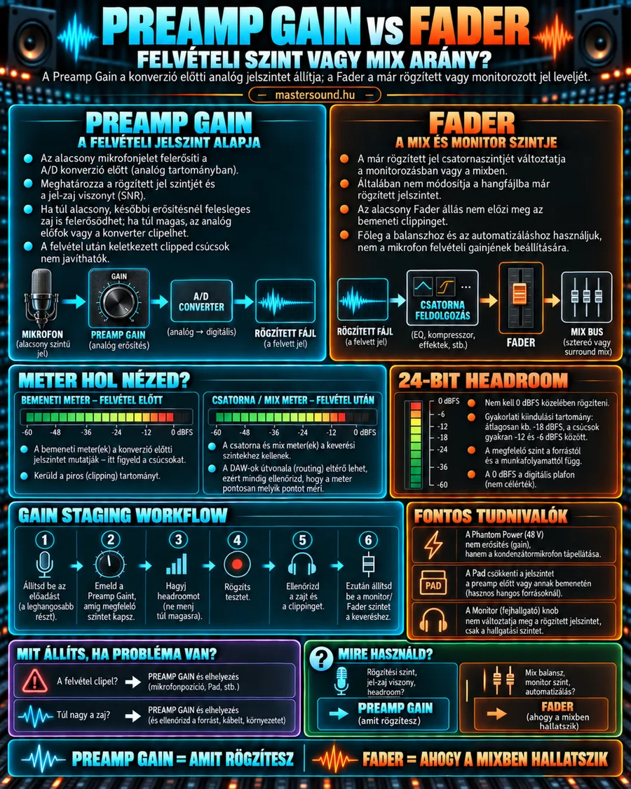 Infografika az előerősítő gain gombja és a keverő fadere közti különbségről: a gain a mikrofontól az A/D átalakítón át a rögzített fájlig tartó úton, a fader a már felvett jel keverésében hat, alatta szintmérők, a 24 bites tartalék és egy hatlépéses munkamenet.