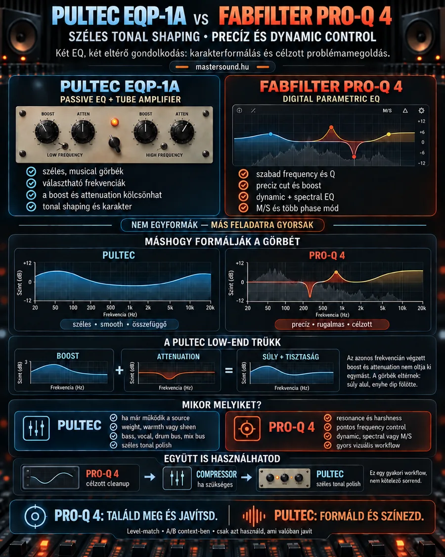 Infografika egy csöves, passzív karakter-EQ és egy digitális parametrikus EQ összevetéséről: a két előlap, a kétféle görbe, a mélytrükk, és egy közös lánc, ahol a digitális EQ tisztít, a csöves pedig a végén színez.