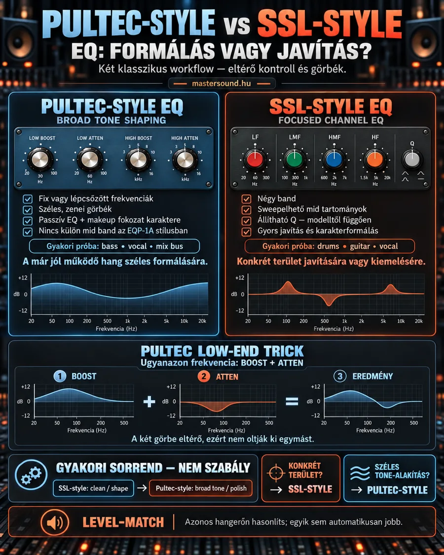 Infografika két klasszikus EQ-típusról: bal oldalon egy csöves, passzív tónusformáló EQ előlapja széles görbével, jobb oldalon egy négysávos pultos csatorna-EQ célzott görbékkel, alatta a mélytrükk három lépése.