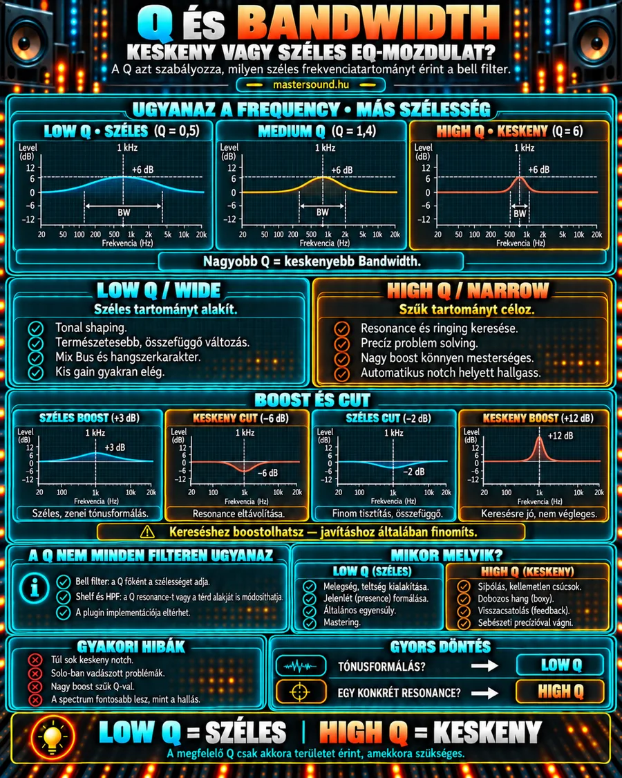 Infografika a Q és a bandwidth kapcsolatáról: ugyanaz az 1 kHz-es, +6 dB-es emelés három különböző Q-val, alatta széles és keskeny emelések és vágások példái, gyakori hibák és egy gyors döntési segéd.
