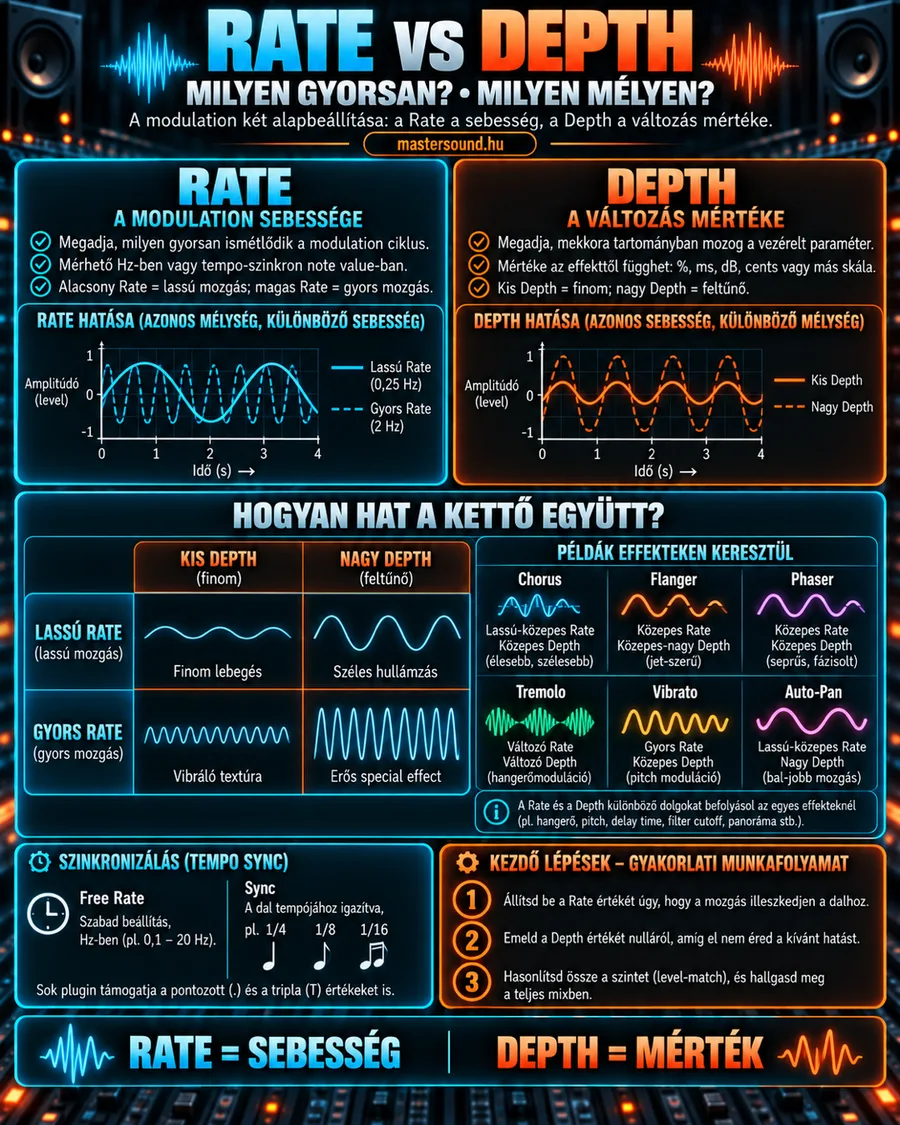Infografika a moduláció két alapbeállításáról: egy grafikon a lassú és gyors rate-ről, egy a kis és nagy depth-ről, egy négymezős táblázat a kettő kombinációjáról, és hat effekt jellemző beállítása.